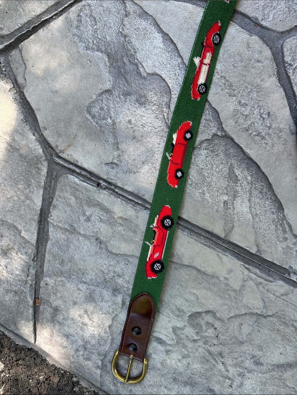Needle point smathers & Branson belt with Red Car Motif